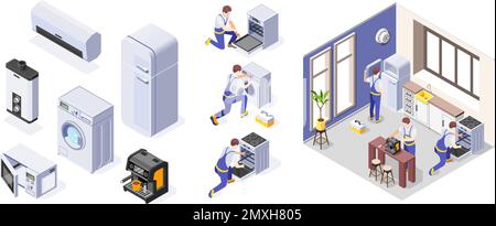 Workers repairing home appliances icons set and composition isolated on white background 3d isometric vector illustration Stock Vector