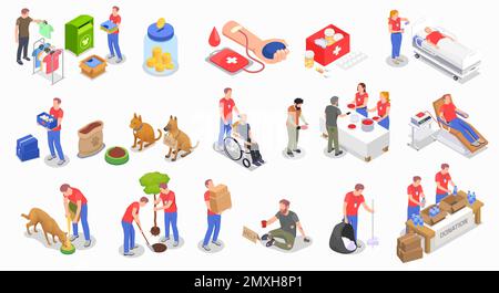 Charity set with donation and volunteering symbols isometric isolated vector illustration Stock Vector