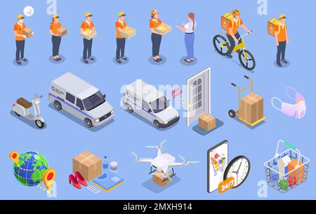 Delivery company service isometric set with isolated icons of goods vehicles and human characters of workers vector illustration Stock Vector