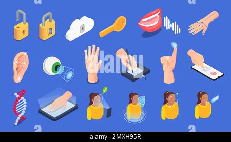 Biometric authentication isometric icons set with fingerprint voice eye face ear dna veins recognition digital signature isolated on blue background 3 Stock Vector
