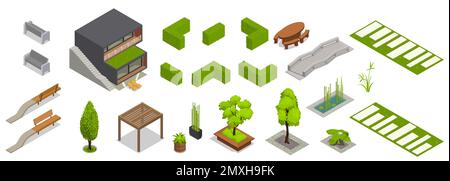 Landscape design isometric set with isolated icons of plants and garden furniture with bridge and buildings vector illustration Stock Vector