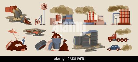 Flat icons set with cars industrial buildings toxic waste litter garbage causing air pollution isolated vector illustration Stock Vector