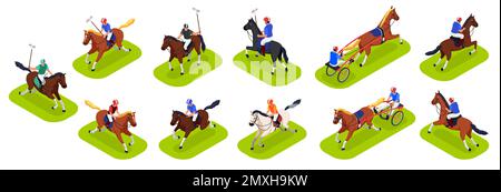 Equestrian sport concept set with horse racing and riding symbols isometric isolated vector illustration Stock Vector