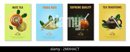 Yerba mate tea realistic vertical posters set with green leaves and traditional accessories on color backgrounds isolated vector illustration Stock Vector