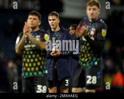 Coventry City's Callum Doyle applauds the fans at full time after the Sky Bet Championship match at The Hawthorns, West Bromwich. Picture date: Friday February 3, 2023. Stock Photo