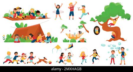Outside summer tent children playing activity icon set children have fun running hula hooping flying kites and soap bubbles vector illustration Stock Vector