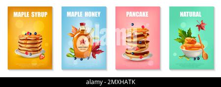 Set of four vertical posters with natural maple syrup and homemade pancakes on colored background isolated realistic vector illustration Stock Vector