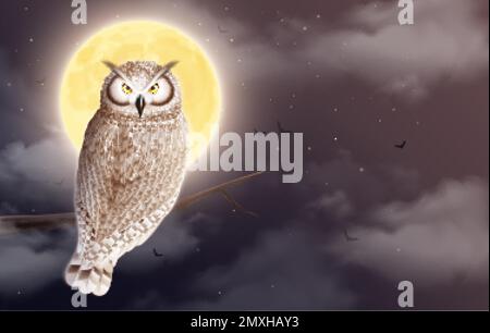 Owl realistic night composition with nocturnal scenery and bird sitting on branch in front of moon vector illustration Stock Vector