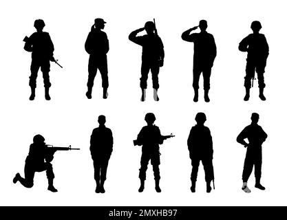 Collage with silhouettes of soldiers on white background. Military service Stock Photo