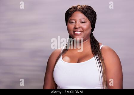 Full length body size photo of beautiful joyful smiling young