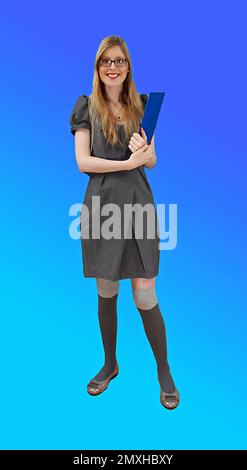 Young beautiful woman holding clip pad in hands and getting ready for presentation Stock Photo