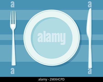Empty white plate, fork and knife on a blue tablecloth. Vector illustration in a flat cartoon style. Stock Vector