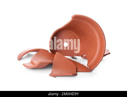 Broken terracotta flower pot isolated on white Stock Photo