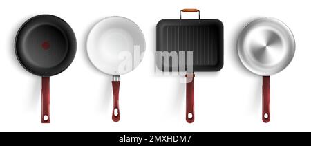 Realistic set of four non stick stainless steel ceramic coating grill frying pans isolated on white background vector illustration Stock Vector