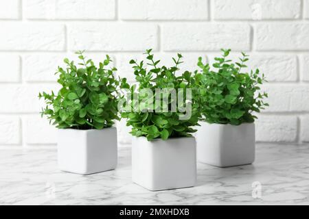 Beautiful artificial plants in flower pots on white marble table near brick wall Stock Photo