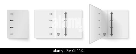 Realistic white office binder with metal rings for A4 paper sheet in 3 positions isolated vector illustration Stock Vector