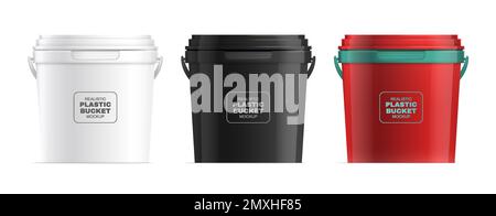 Realistic plastic buckets set in white black and red colors isolated vector illustration Stock Vector