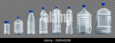 Realistic plastic water bottles set on transparent background with isolated mockups of different shape with caps vector illustration Stock Vector