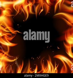 Realistic fire frame frame of red bright flames on a black background vector illustration Stock Vector