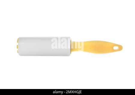 New lint roller with yellow handle isolated on white Stock Photo