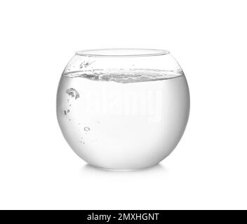 Round fish bowl filled with water on white background Stock Photo