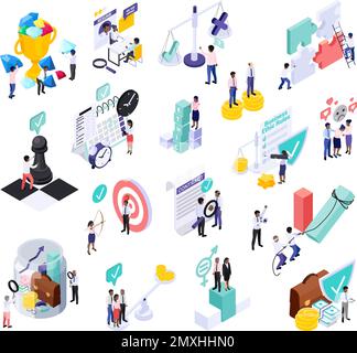 Business ethics set with isolated icons and isometric human characters with thought bubbles and organizer elements vector illustration Stock Vector