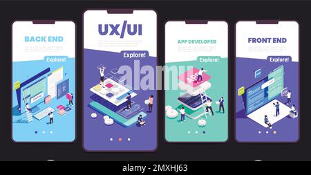 IT professions isometric set with developer symbols isolated vector illustration Stock Vector