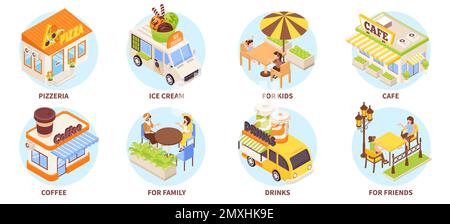 Street food and coffee kiosk isometric icons set isolated vector illustration Stock Vector