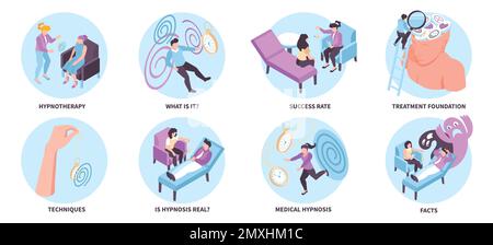 Isometric hypnosis therapy composition set with medical hypnotherapy symbols isolated vector illustration Stock Vector