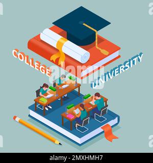 Isometric university composition with college students studing in library vector illustration Stock Vector