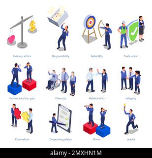 Isometric set of corporate culture concept symbols as business ethics and trade union isolated vector illustration Stock Vector