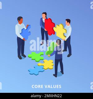 Corporate culture isometric concept with business people assembling puzzle vector illustration Stock Vector