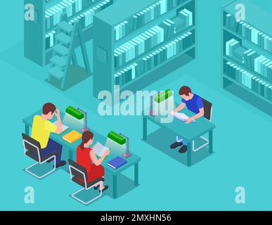 College isometric composition with students in university library vector illustration Stock Vector