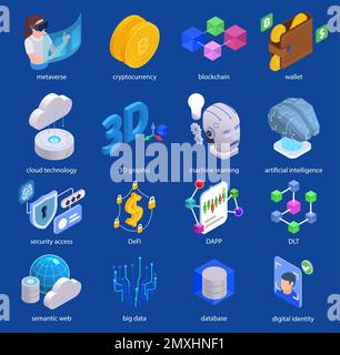 Web 3.0 technologies isometric set with digital identity database and big data icons isolated vector illustration Stock Vector