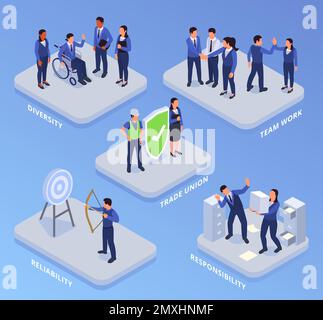 Corporate culture isometric concept set with team work and diversity symbols isolated vector illustration Stock Vector