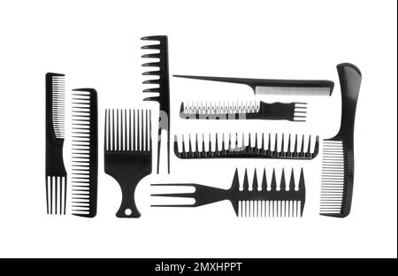 Set of professional hair combs isolated on white, top view Stock Photo