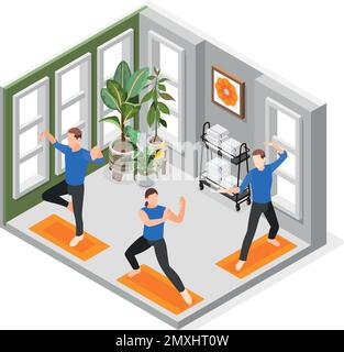 World tai chi and qigong movement day isometric composition with people training indoor vector illustration Stock Vector