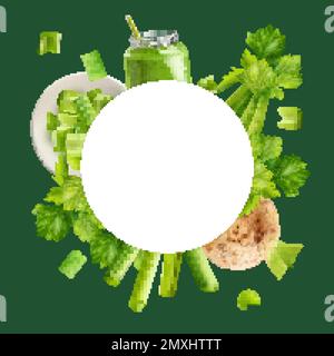 Realistic celery frame whole and sliced celery stalk a white circle in the center vector illustration Stock Vector