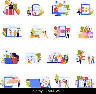 Referral program flat icon set with likes smartphones subscribers and referrals subscription gifts people behind notebooks vector illustration Stock Vector