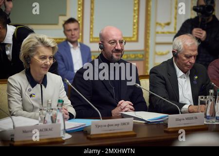 Kyiv, Ukraine. 03rd Feb, 2023. European Commission Ursula von der Leyen (L), President of the European Council Charles Michel (C) and EU High Representative for Foreign Affairs and Security Policy Josep Borrell (R) attend the 24th EU-Ukraine summit, on February 3, 2023 in Kyiv, Ukraine. Photo by Ukrainian President Press Office/UPI. Credit: UPI/Alamy Live News Stock Photo