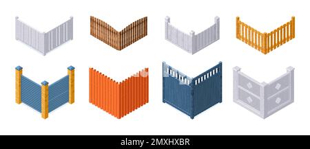 Isometric modern and traditional fence corners icons set isolated vector illustration Stock Vector