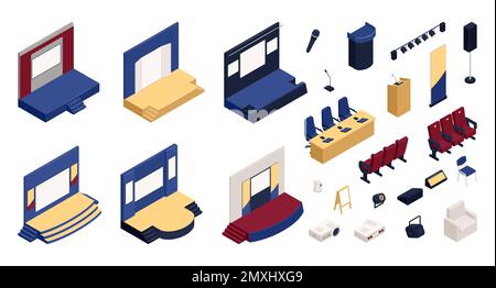 Isometric constructor set of press conference hall elements isolated vector illustration Stock Vector