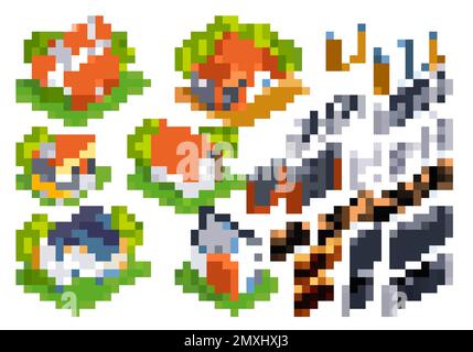 Isometric set of private houses and fence elements isolated vector illustration Stock Vector