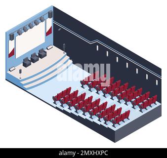 Isometric empty press conference hall with no audience vector illustration Stock Vector
