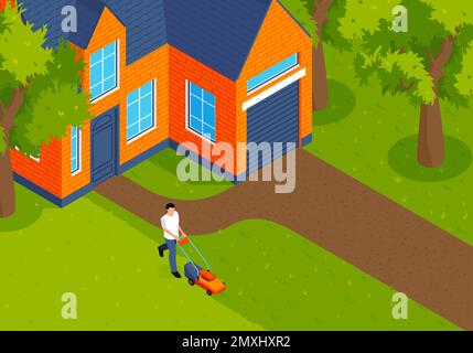 Isometric lawn mower concept with man cutting grass on house backyard vector illustration Stock Vector