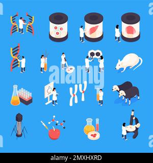 Isometric genetic engineering set with scientists and lab mouses isolated vector illustration Stock Vector