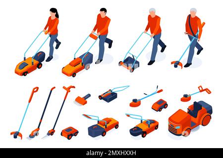 Isometric lawn mover icons set with people working with electric trimmers and lawnmowers isolated vector illustration Stock Vector
