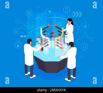 Isometric genetic engineering concept with scientists studying dna vector illustration Stock Vector