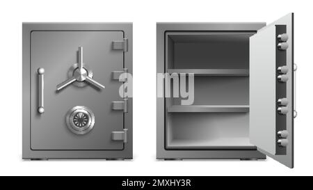 Safe lockers doors composition with banking symbols realistic isolated vector illustration Stock Vector