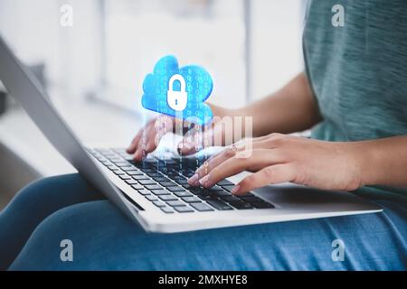Cyber security concept. Woman using laptop, closeup. Cloud with padlock illustration over keyboard Stock Photo